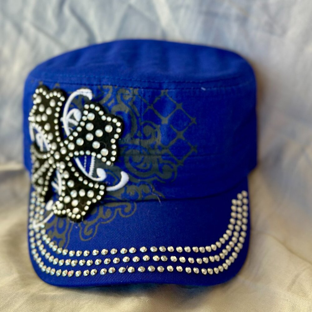 Hat~Rhinestone~Short Cross~Cadet style~adjustable velcro back